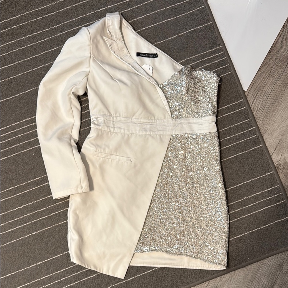 Elle Zeitoune Asymmetrical White and Silver Dress